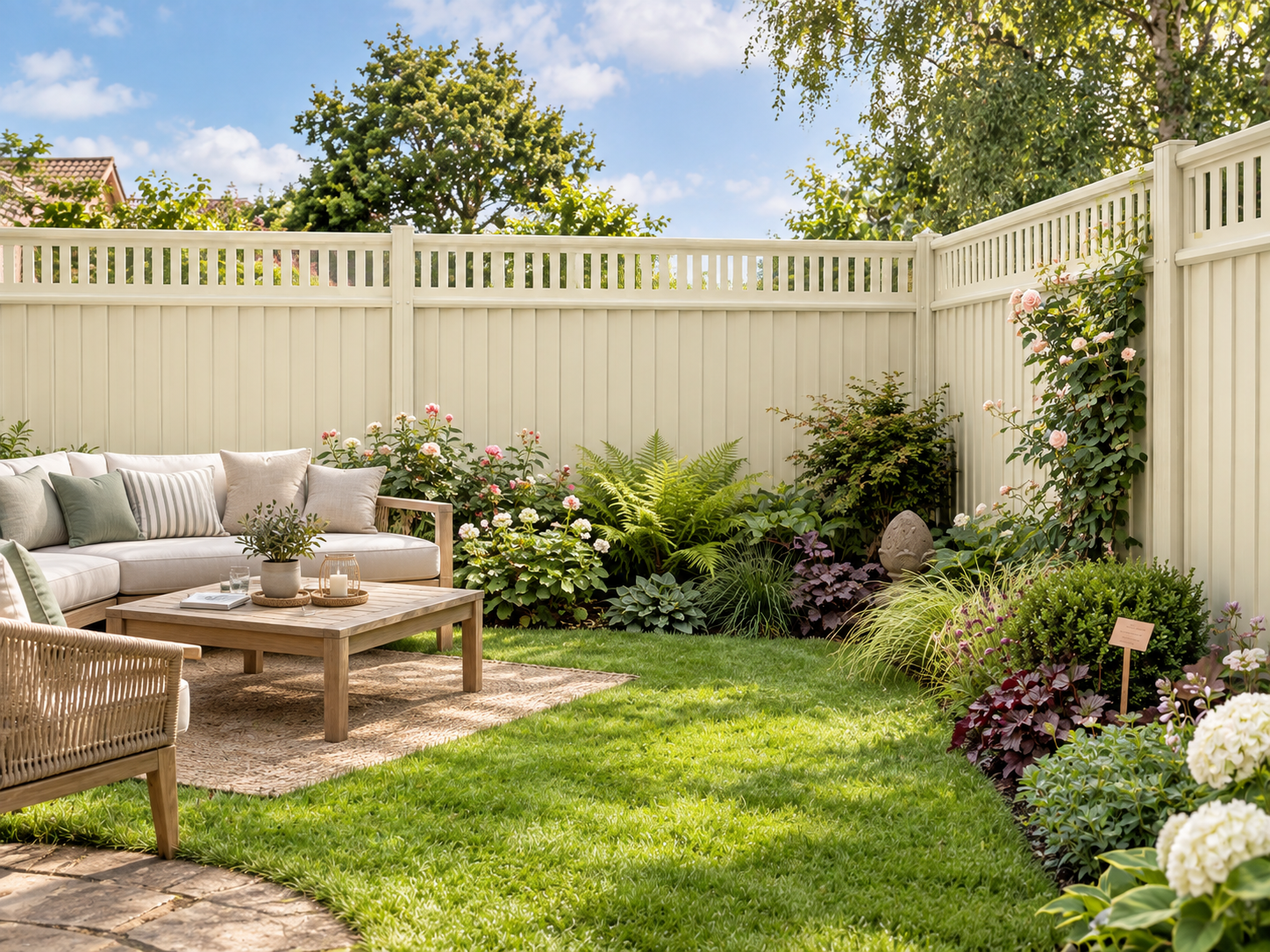 Cream coloured steel garden fence panel with posts and caps
