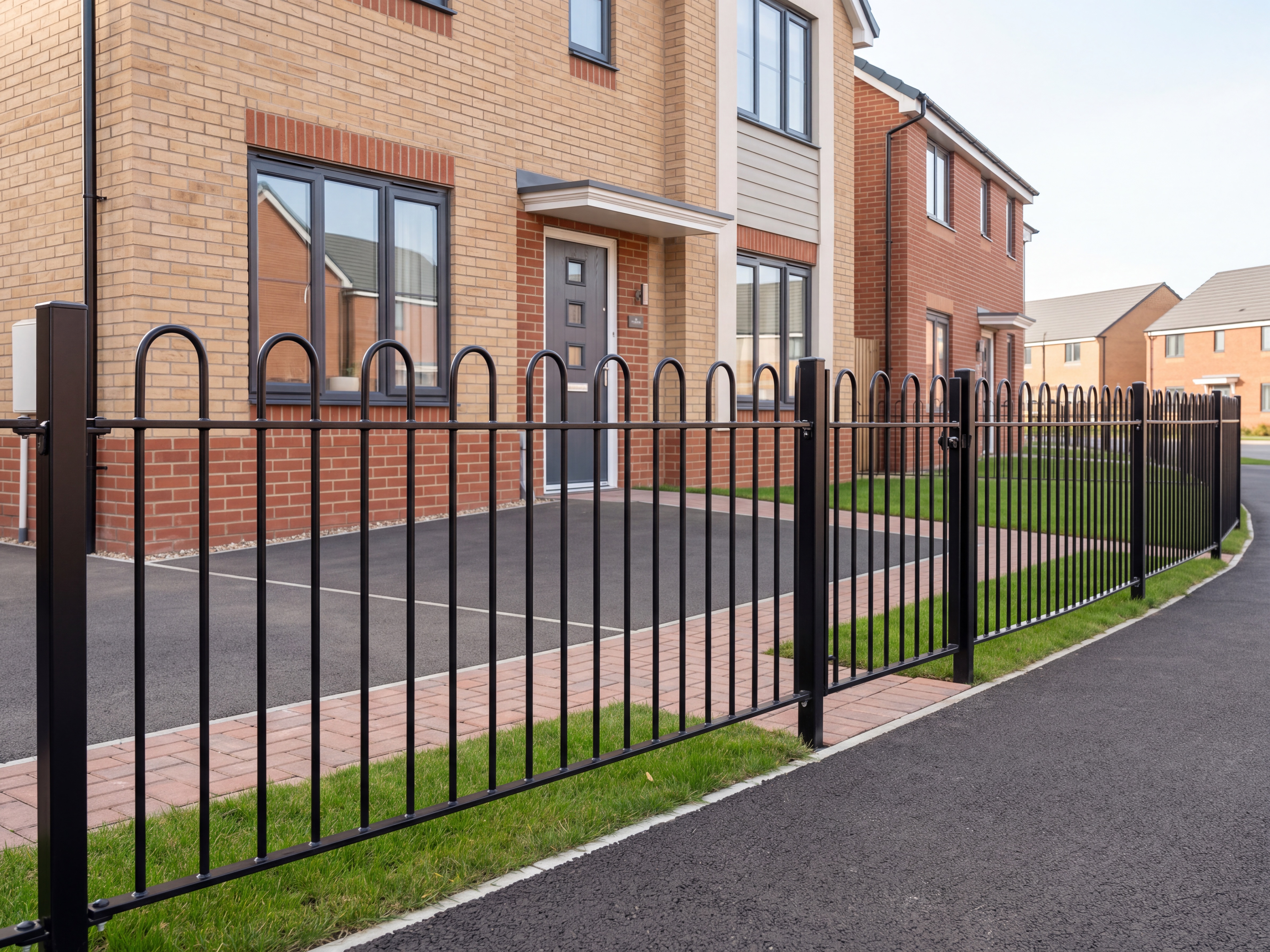 Ornate cream steel railing bordering a garden lawn