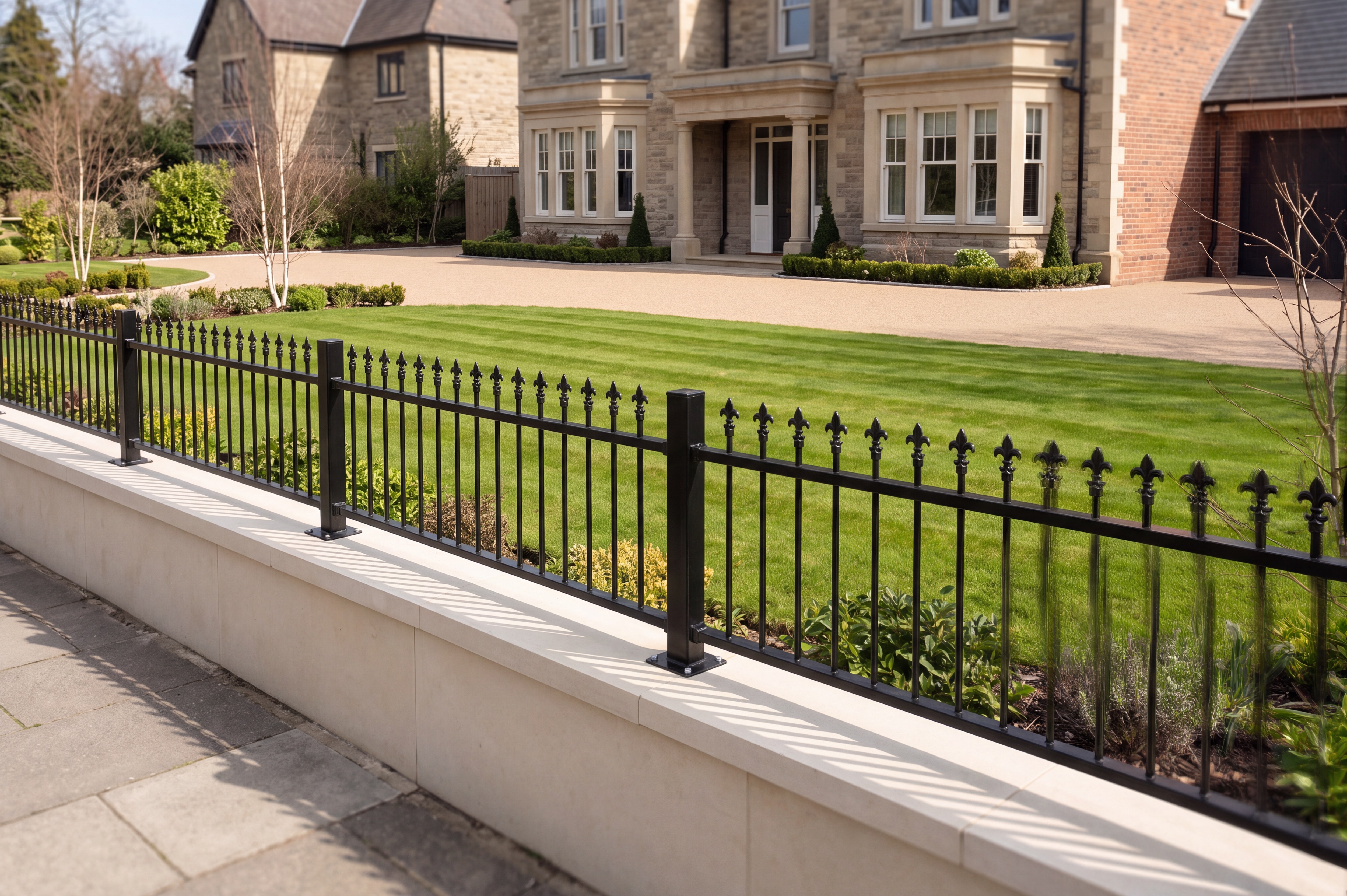 Steel railing bordering a driveway with planting