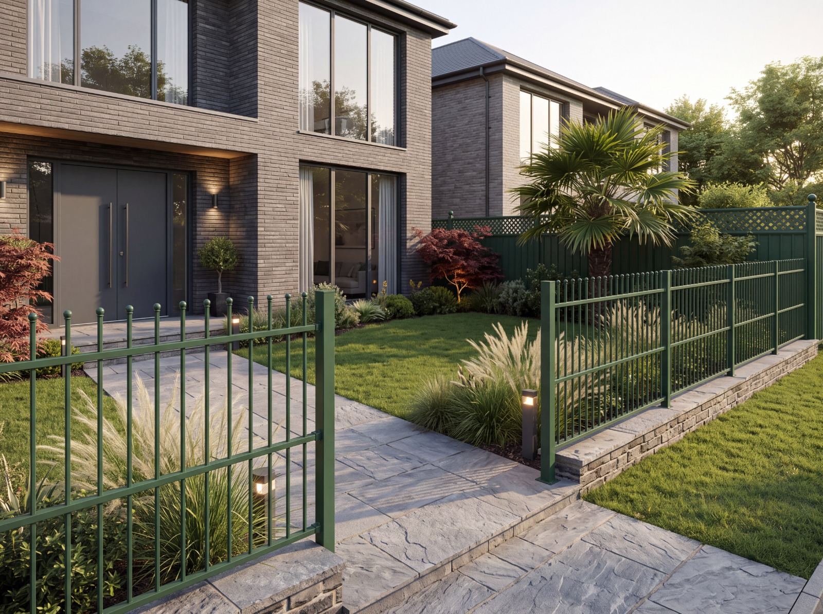 Close-up of a clean, factory-finished steel fence panel