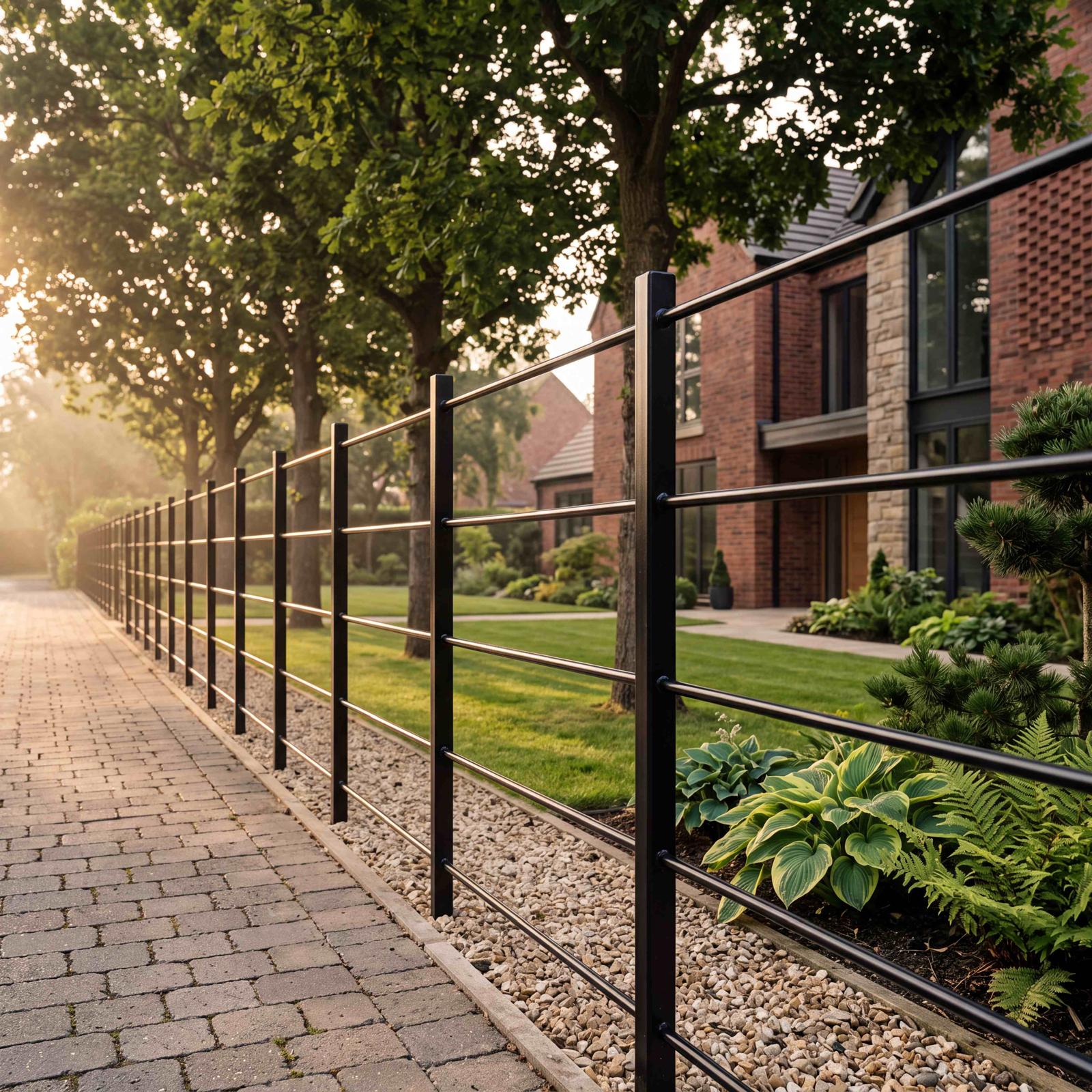 Black ColourRail Estate Rail bordering a garden hedge