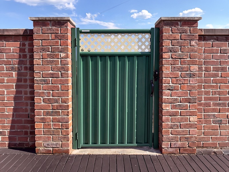 Black steel gate with trellis detailing and climbing plants